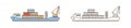 Modern cargo ship icon. Commercial sea vehicle with goods wagon, crane, container. Ocean logistics, delivery or