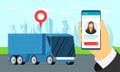 Modern cargo truck trailer logistic on city street with geotag location pin. Transport tracking delivery monitoring app