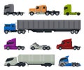 Modern Cargo Trucks Collection, Side View of Heavy Delivering Vehicles Flat Vector Illustration on White Background Royalty Free Stock Photo