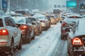 Modern cars are stuck in a traffic jam on a highway in winter Royalty Free Stock Photo