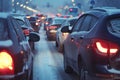 Modern cars are stuck in a traffic jam on a highway in winter Royalty Free Stock Photo