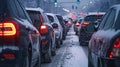 Modern cars are stuck in a traffic jam on a highway in winter Royalty Free Stock Photo