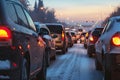 Modern cars are stuck in a traffic jam on a highway in winter Royalty Free Stock Photo