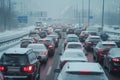 Modern cars are stuck in a traffic jam on a highway in winter Royalty Free Stock Photo