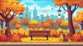 A modern cartoon autumn landscape of an empty public garden with lanterns, flowers and a bird-house in an autumn city