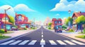 This modern cartoon background features a city street with houses, a road with pedestrian crosswalks, cars, and a bus Royalty Free Stock Photo