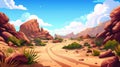 Modern cartoon background illustration of desert road landscape. Rock formation near highway in sand valley in arizona Royalty Free Stock Photo