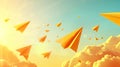 Modern cartoon children planes in air on school notebook background. 3D flying yellow paper airplanes.