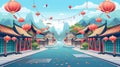 In this modern cartoon, a Chinese and Asian village is shown with traditional houses and festival lanterns on the street