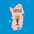 Modern cartoon colorful flat stylized Italia Sardinia map with mermaid man, cute illustration. Doodle concept of Italy. Vector EPS