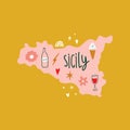 Modern cartoon colorful flat stylized Italia Sicily map with icons, symbols, cute illustration. Doodle landmarks concept, food and