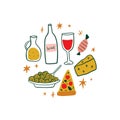 Modern cartoon colorful flat stylized Italian icons symbols, label, cute illustration. Doodle landmarks concept, food and drinks Royalty Free Stock Photo