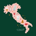 Modern cartoon colorful flat stylized Italian map with icons, symbols, cute illustration. Doodle landmarks concept, food and Royalty Free Stock Photo