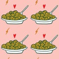 Modern cartoon colorful flat stylized Italian pasta spaghetti seamless pattern, cute illustration. Doodle landmarks concept, food