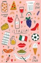 Modern cartoon colorful flat stylized set of Italian icons, symbols, cute illustrations. Doodle landmarks concept, food and drinks Royalty Free Stock Photo