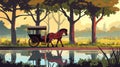 Modern cartoon fairytale illustration of summer park landscape with lake and retro horse coach. Detail of horse drawn Royalty Free Stock Photo