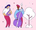 Modern flat cartoon character musical band double bass bassist and saxophone player,vector hand drawn style.Musicians