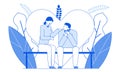 Modern cartoon flat line people characters romantic talking,thin contour style illustration.Outline young character