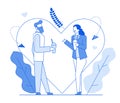 Modern cartoon flat line people characters romantic talking,thin contour style illustration.Young hipster character