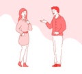 Modern cartoon flat people characters talking,hand drawn style illustration.Outline young character people conversation