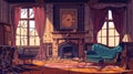 Modern cartoon illustration of an abandoned Victorian living room with damaged furniture, cracked wooden table, dusty Royalty Free Stock Photo