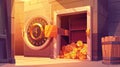 Modern cartoon illustration of a bank vault with an open safe door. This bank vault contains gold ingots that have been Royalty Free Stock Photo