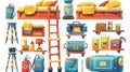 Modern cartoon illustration of bunk bed with ladder, fire extinguisher, fuel container, gas cooker, power generator Royalty Free Stock Photo