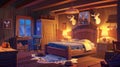 Modern cartoon illustration of a cowboy bedroom at night. The scene is a rustic house or ranch with a wooden bed