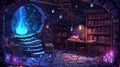 This modern cartoon illustration depicts a witch or wizard alchemical laboratory with magic books and potions glowing at