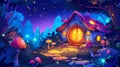 Modern cartoon illustration of a fantasy wooden hut in a forest glade at night, with a door, porch, and round windows Royalty Free Stock Photo