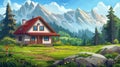 This modern cartoon illustration features a cozy cottage with a wooden porch and a red roof in a beautiful valley with Royalty Free Stock Photo