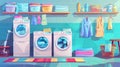 This modern cartoon illustration illustrates a laundry room with an automatic washing machine and dryer, stacks of clean