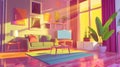 Modern cartoon illustration of lounge with coffee table, wooden floor and lamp. Big windows with sunlight or beams. Sofa Royalty Free Stock Photo