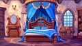 Modern cartoon illustration of medieval castle room adorned with large wooden bed decorated with blue canopy and bows Royalty Free Stock Photo