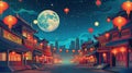 Modern cartoon illustration of night China town street in new city. Old Chinese buildings, tea shop, Chinese restaurant Royalty Free Stock Photo
