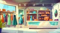 This modern cartoon illustration shows a boutique with mannequins, hangers and a showcase filled with dresses and shoes. Royalty Free Stock Photo