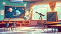 This modern cartoon illustration shows an empty classroom interior with a blackboard and telescope, a placard displaying Royalty Free Stock Photo