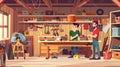 This modern cartoon illustration shows a father and son doing construction in the garage using carpentry tools and Royalty Free Stock Photo