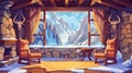 This modern cartoon illustration shows a lodge interior with a fireplace and mountains behind the window. A traditional