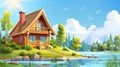 This modern cartoon illustration shows a log house near a forest lake with a porch, stairs, and chimney on the roof Royalty Free Stock Photo