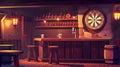 This modern cartoon illustration shows an old tavern, an old pub, a shelf filled with bottles, lanterns, and a beer mug Royalty Free Stock Photo