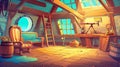 This modern cartoon illustration shows a pirate ship cabin interior with a table, chair, sofa, telescope, treasure chest