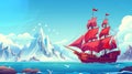 This modern cartoon illustration shows a wooden boat with red sails floating in the sea, rocky mountains with glaciers Royalty Free Stock Photo