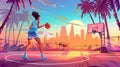 Modern cartoon illustration of tall young woman dribbling ball at basket. Palm trees and sunset city buildings on