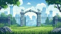 Modern cartoon illustration of town garden with archway portal, clouds and skyscrapers. Modern illustration of summer