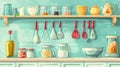 Modern cartoon illustration of the wall shelf of the kitchen with utensils, seasoning jars, salt, pepper, sugar, oatmeal Royalty Free Stock Photo