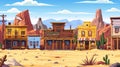 Modern cartoon illustration of a western town with old wooden buildings. Wild west desert landscape with cactuses Royalty Free Stock Photo