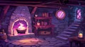 Modern cartoon illustration of witch basement with wooden furniture, spell books on shelf, potion bottles on shelf Royalty Free Stock Photo