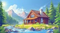 Modern cartoon illustration of a wooden cabin near a mountain river with a porch, windows, and chimney on the roof, an Royalty Free Stock Photo
