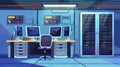 A modern cartoon interior of a storage office with a server rack, computer monitors, network hardware, and host hardware Royalty Free Stock Photo